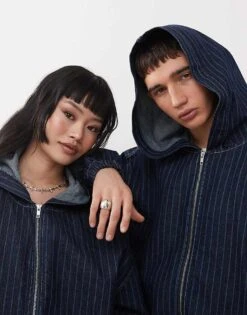 Reclaimed Vintage Unisex Hooded Denim Jacket Co-ord In Indigo Pinstripe For Men -Fit Outfits Store 207679091 4