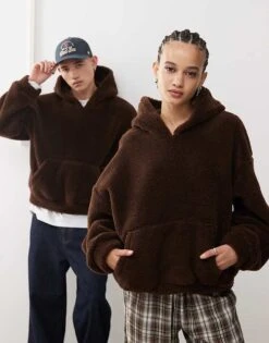 Reclaimed Vintage Unisex Hoodie In Chocolate Brown Borg For Unisex -Fit Outfits Store 207687877 1 brown 1