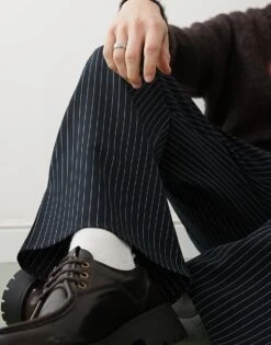 Reclaimed Vintage Wide Leg Pinstripe Trouser In Navy For Men -Fit Outfits Store 207695259 3