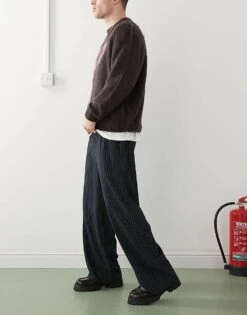 Reclaimed Vintage Wide Leg Pinstripe Trouser In Navy For Men -Fit Outfits Store 207695259 4