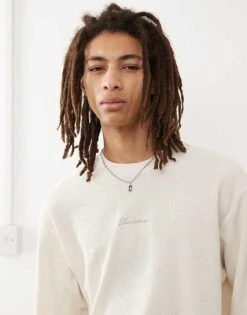 Reclaimed Vintage Oversized Long Sleeve Top In Cream Waffle For Men Charcoal -Fit Outfits Store 207755517 1 charcoal 1