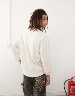 Reclaimed Vintage Oversized Long Sleeve Top In Cream Waffle For Men Charcoal -Fit Outfits Store 207755517 4