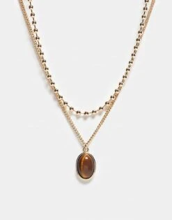 Reclaimed Vintage Unisex 2 Row Necklace With Ball Chain And Pendant In Gold For Unisex -Fit Outfits Store 207761408 1 gold 1