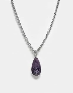 Reclaimed Vintage Unisex Necklace With Faux Purple Pendant In Silver For Unisex -Fit Outfits Store 207761449 1 silver 1