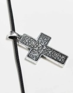 Reclaimed Vintage Unisex Pretty Silver Cross On Cord Necklace For Unisex -Fit Outfits Store 207778024 3