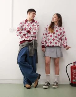 Reclaimed Vintage Unisex Knitted Polo Jumper In Argyle Print For Men Multi -Fit Outfits Store 207798108 3