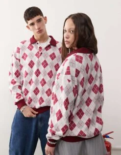 Reclaimed Vintage Unisex Knitted Polo Jumper In Argyle Print For Men Multi -Fit Outfits Store 207798108 4