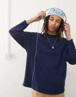 Reclaimed Vintage Long Sleeve Waffle T-shirt In Navy For Men