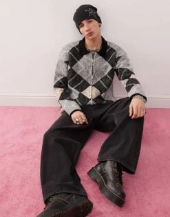 Reclaimed Vintage Argyle Collared Zip Through Knitted Jumper For Men Multi