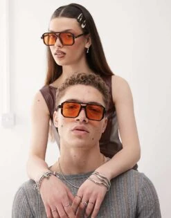 Reclaimed Vintage Unisex Square Edge Brown Aviator With Orange Lense For Unisex