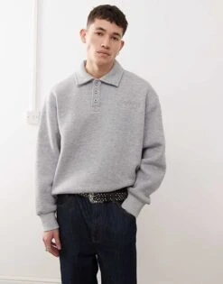 Reclaimed Vintage Polo Collar Rugby Sweatshirt In Grey Marl For Men -Fit Outfits Store 207853762 1 greymarl 1