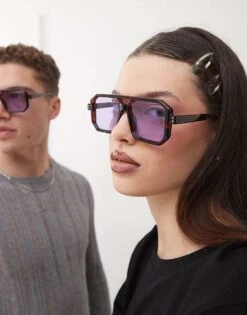 Reclaimed Vintage Unisex Square Edge Tortoiseshell Aviator Sunglasses With Purple Lense For Men Brown And Blue -Fit Outfits Store 207910113 1 brownandblue 1