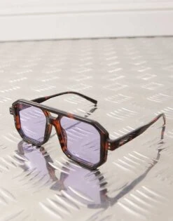Reclaimed Vintage Unisex Square Edge Tortoiseshell Aviator Sunglasses With Purple Lense For Men Brown And Blue -Fit Outfits Store 207910113 3