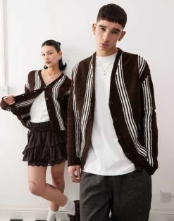 Reclaimed Vintage Unisex Knitted Stripe Relaxed Fit Cardigan In Chocolate For Unisex Chocolate Stripe -Fit Outfits Store 207920250 1 chocolatestripe 1