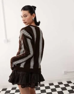 Reclaimed Vintage Unisex Knitted Stripe Relaxed Fit Cardigan In Chocolate For Unisex Chocolate Stripe -Fit Outfits Store 207920250 4