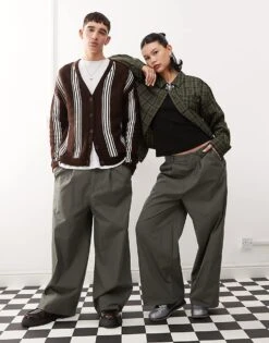 Reclaimed Vintage Unisex Baggy Trouser With Front Pleat Detail In Grey For Unisex Green -Fit Outfits Store 207988352 1 green 1
