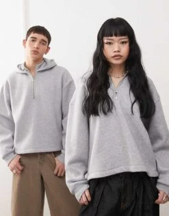 Reclaimed Vintage Unisex Boxy Quarter Zip Hoodie In Grey Marl For Unisex -Fit Outfits Store 208014924 1 greymarl 1