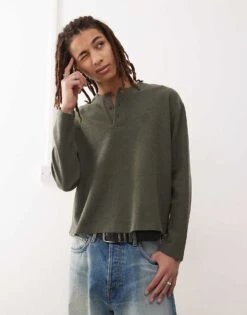 Reclaimed Vintage Supersoft Rib Henley Top With Embroidery In Khaki For Men