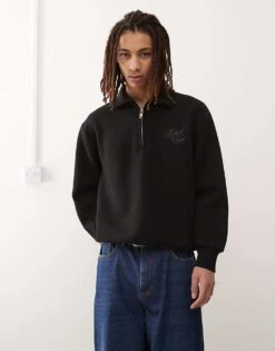 Reclaimed Vintage Quarter Zip Embroidered Sweatshirt In Black For Men -Fit Outfits Store 208021110 1 black 1