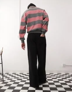 Reclaimed Vintage Baggy Wide Leg Jogger In Black Rib For Men Charcoal -Fit Outfits Store 208057575 3