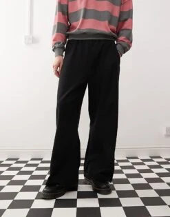 Reclaimed Vintage Baggy Wide Leg Jogger In Black Rib For Men Charcoal -Fit Outfits Store 208057575 5