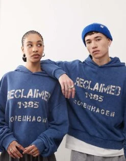 Reclaimed Vintage Unisex Graphic Print Hoodie In Washed Navy For Unisex -Fit Outfits Store 208063512 1 navy 1