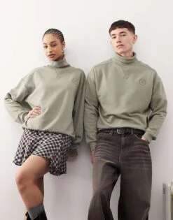 Reclaimed Vintage Unisex Funnel Neck Sweatshirt In Khaki For Unisex -Fit Outfits Store 208065596 1 khaki 1