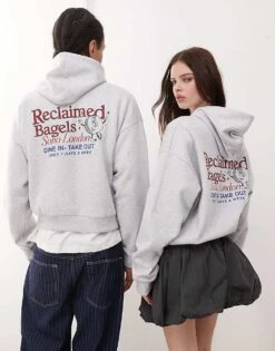 Reclaimed Vintage Unisex Boxy Hoodie With Back Graphic Print In Grey Marl For Men