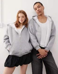 Reclaimed Vintage Unisex Cropped Boxy Zip Through Hoodie In Grey Marl For Men