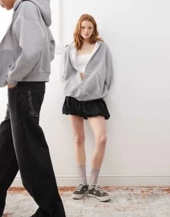 Reclaimed Vintage Unisex Cropped Boxy Zip Through Hoodie In Grey Marl For Men -Fit Outfits Store 208120694 3