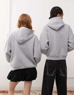 Reclaimed Vintage Unisex Cropped Boxy Zip Through Hoodie In Grey Marl For Men -Fit Outfits Store 208120694 4