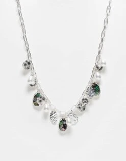 Reclaimed Vintage Unisex Ultimate Charm Necklace In Faux Pearl And Shell For Unisex Silver