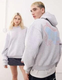 Reclaimed Vintage Unisex Cropped Boxy Hoodie With Fisherman Print In Grey Marl For Unisex -Fit Outfits Store 208170664 1 greymarl 1