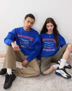 Reclaimed Vintage Unisex Cropped Boxy Sweatshirt With Fisherman Print In Blue For Unisex -Fit Outfits Store 208170665 1 blue 1