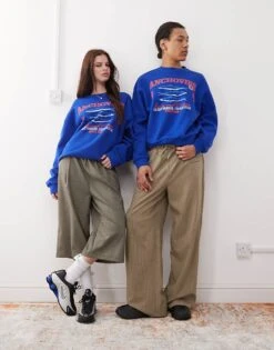 Reclaimed Vintage Unisex Cropped Boxy Sweatshirt With Fisherman Print In Blue For Unisex -Fit Outfits Store 208170665 2
