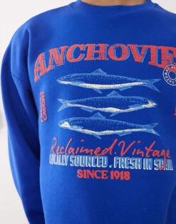 Reclaimed Vintage Unisex Cropped Boxy Sweatshirt With Fisherman Print In Blue For Unisex -Fit Outfits Store 208170665 4