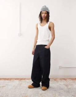 Reclaimed Vintage Baggy Wide Leg Jean In Rinse Wash With Contrast Stitch For Men Indigo