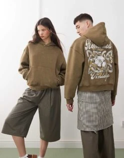 Reclaimed Vintage Unisex Boxy Hoodie With Back Graphic In Khaki For Unisex -Fit Outfits Store 208186345 4