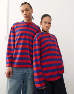 Reclaimed Vintage Unisex Stripe Henley Long Sleeve Top In Orange And Navy For Unisex -Fit Outfits Store 208186346 1 navy 1