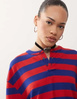 Reclaimed Vintage Unisex Stripe Henley Long Sleeve Top In Orange And Navy For Unisex -Fit Outfits Store 208186346 4