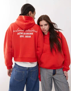 Reclaimed Vintage Unisex Boxy Logo Hoodie In Red For Unisex -Fit Outfits Store 208186359 1 red 1
