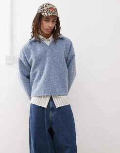 Reclaimed Vintage Textured Boxy Oversized Polo Jumper In Baby Blue For Men Navy