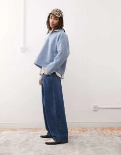 Reclaimed Vintage Textured Boxy Oversized Polo Jumper In Baby Blue For Men Navy -Fit Outfits Store 208200662 3