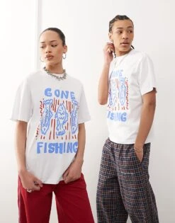 Reclaimed Vintage Unisex Fisherman Graphic T-shirt In White For Unisex