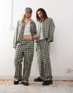 Reclaimed Vintage Unisex Boxy Shirt Co-ord With Embroidery In Green Check For Unisex