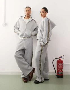 Reclaimed Vintage Unisex Check Side Stripe Wide Leg Jogger In Grey Marl For Unisex