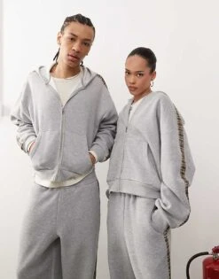 Reclaimed Vintage Unisex Check Side Stripe Hoodie In Grey Marl For Unisex