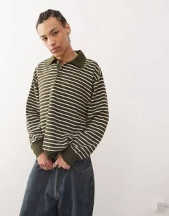 Reclaimed Vintage Waffle Polo Rugby Shirt In Green Stripe For Men Khaki Stripe -Fit Outfits Store 208282854 1 khakistripe 1