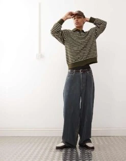 Reclaimed Vintage Waffle Polo Rugby Shirt In Green Stripe For Men Khaki Stripe -Fit Outfits Store 208282854 3