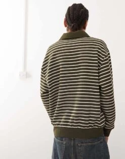 Reclaimed Vintage Waffle Polo Rugby Shirt In Green Stripe For Men Khaki Stripe -Fit Outfits Store 208282854 4